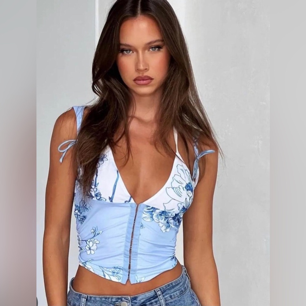 Tiger Mist Cambell Mesh Corset Crop Top in Ceramic Floral Blue, US size 0 - Picture 3 of 14